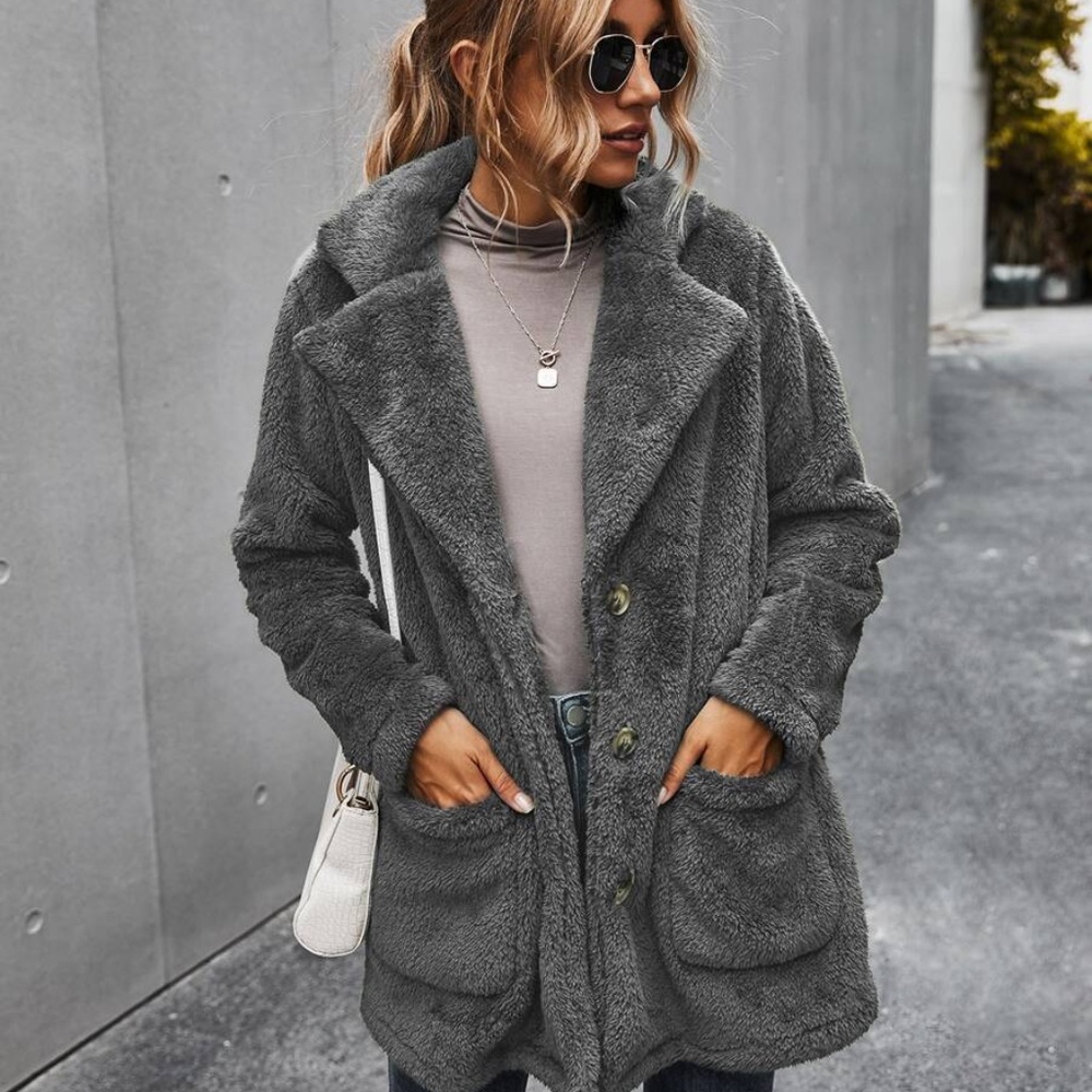 black comfy button pocket teddy trench jacket - Picture 5 of 11